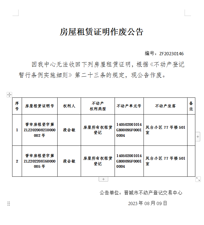 租赁登记备案证明作废公告（八百七十六）20230146(图1)
