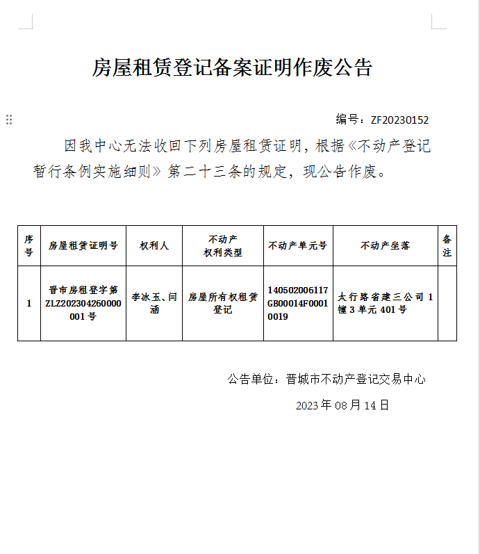 租赁登记备案证明作废公告（八百八十二）20230152(图1)