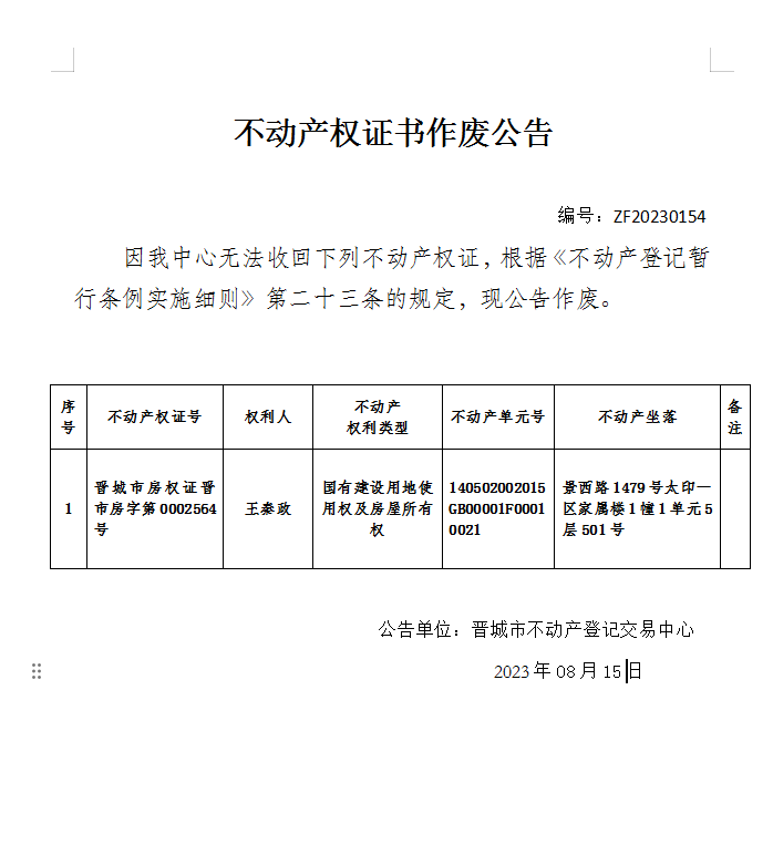 不动产权证书作废公告（八百八十四）20230154(图1)