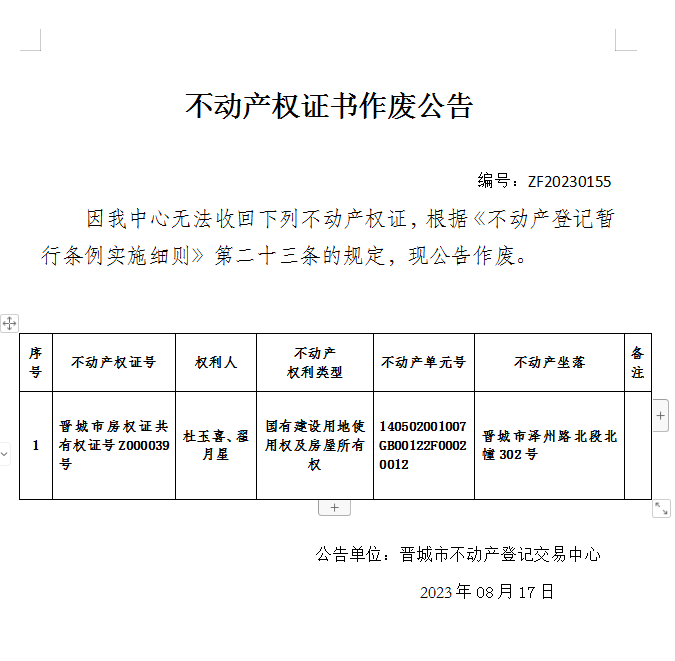 不动产权证书作废公告（八百八十五）20230155(图1)