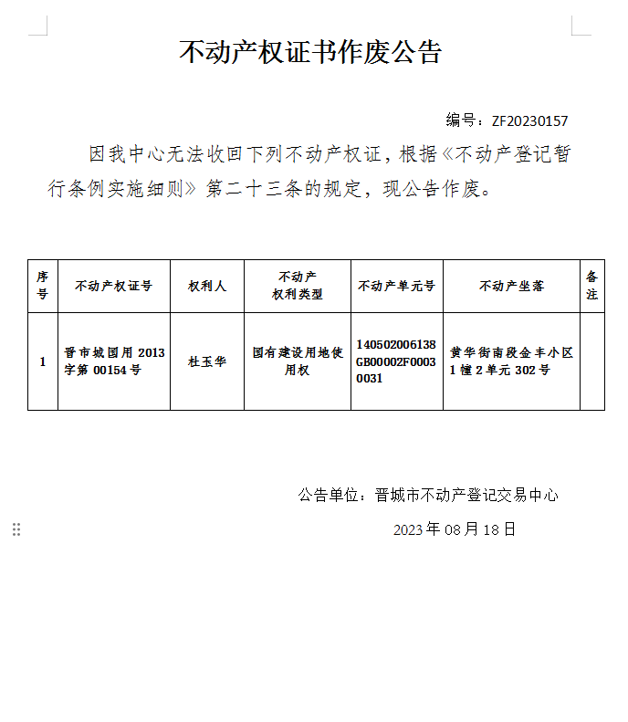 不动产权证书作废公告（八百八十七）20230157(图1)