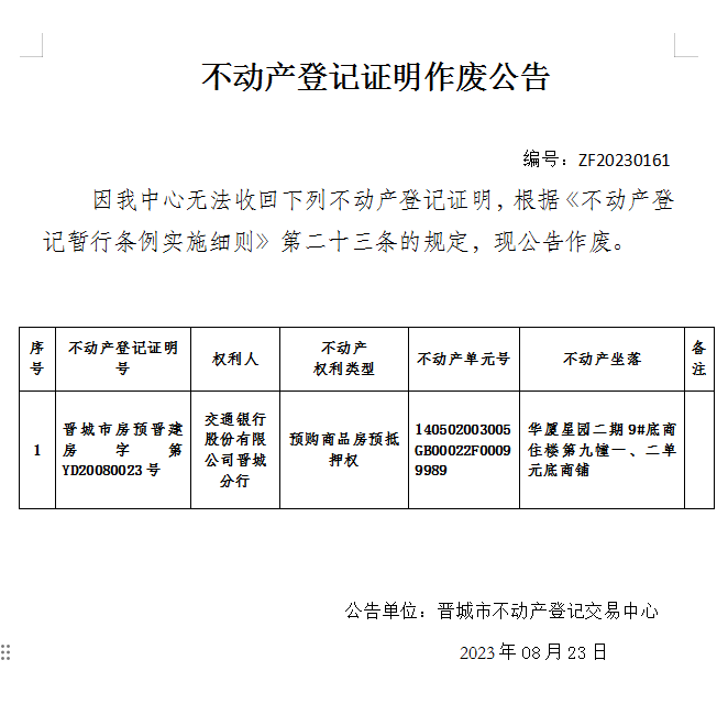 不动产登记证明作废公告（八百九十一）20230161(图1)