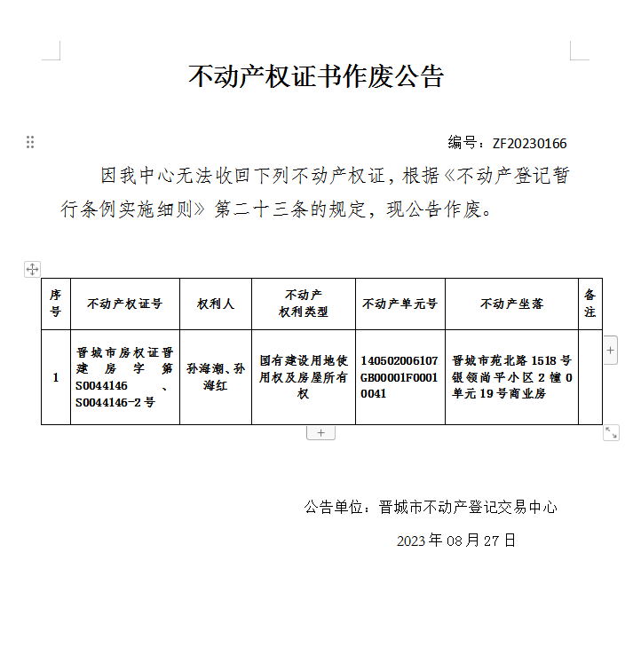 不动产登记证明作废公告（八百九十六）20230166(图1)