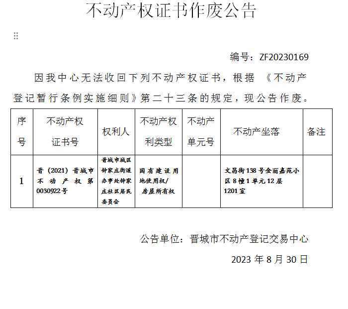 不动产登记证明作废公告（八百九十九）20230169(图1)