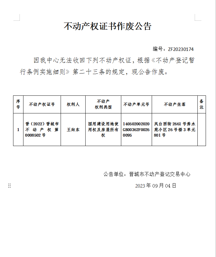 不动产登记证书作废公告（九百零四）20230174(图1)