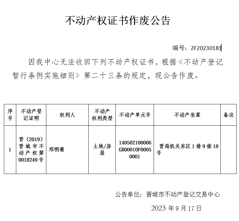 不动产登记证书作废公告（九百一十一）20230181(图1)