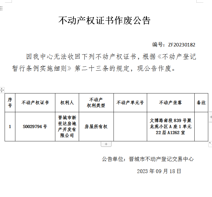 不动产登记证书作废公告（九百一十二）20230182(图1)