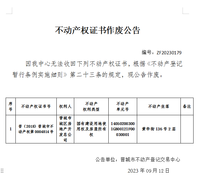 不动产权证书作废公告（九百零九）20230179(图1)