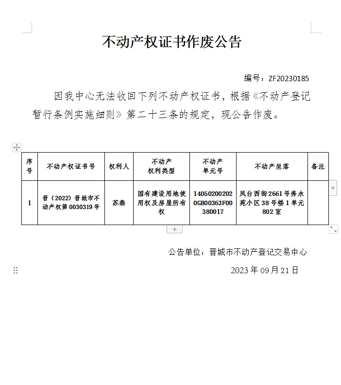 不动产权证书作废公告（九百一十五）20230185(图1)