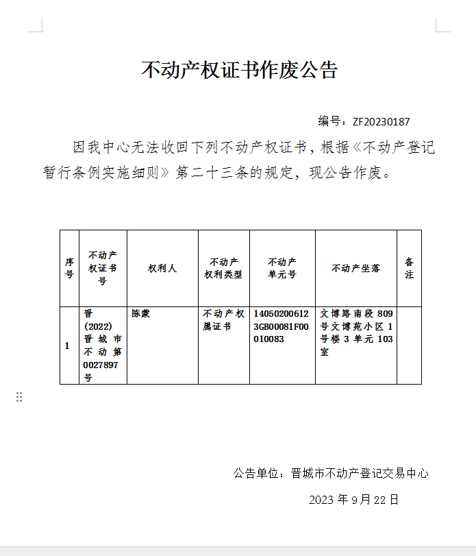 不动产权证明作废公告（九百一十七）20230187(图1)