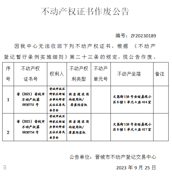 不动产权证书作废公告（九百一十九）20230189(图1)