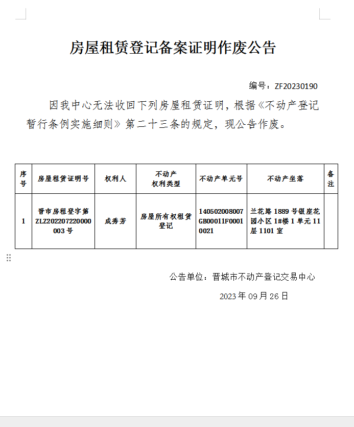 房屋租赁证明作废公告（九百二十）20230190(图1)