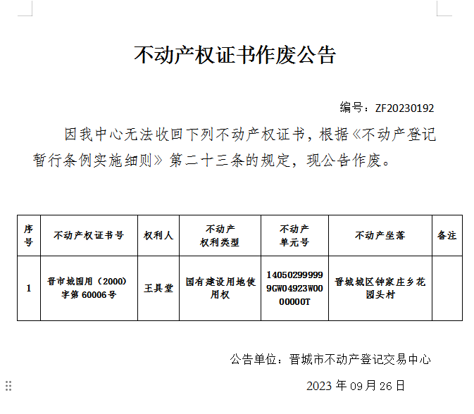 不动产权证书作废公告（九百二十二）20230192(图1)