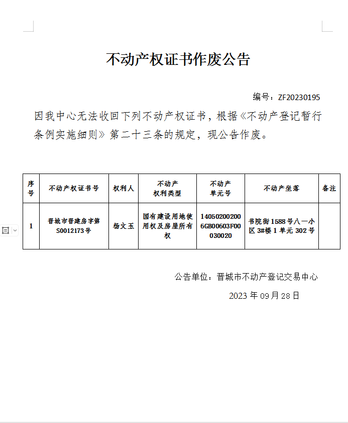 不动产权证书作废公告（九百二十五）20230195(图1)
