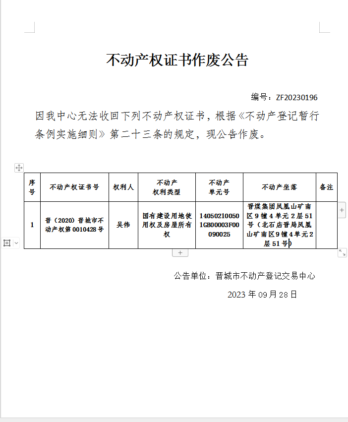 不动产权证书作废公告（九百二十六）20230196(图1)