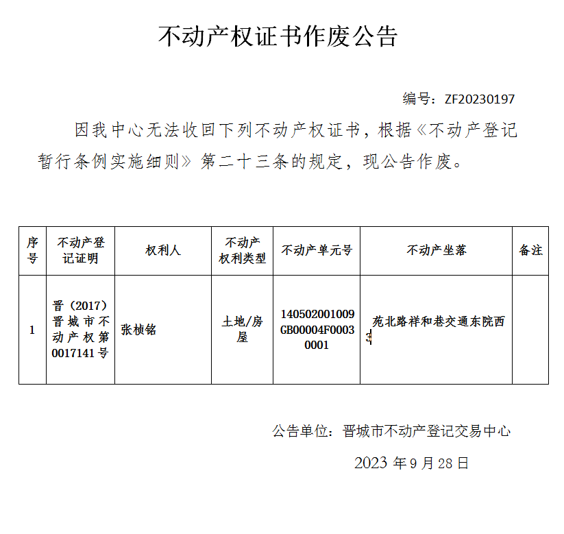 不动产权证书作废公告（九百二十七）20230197(图1)