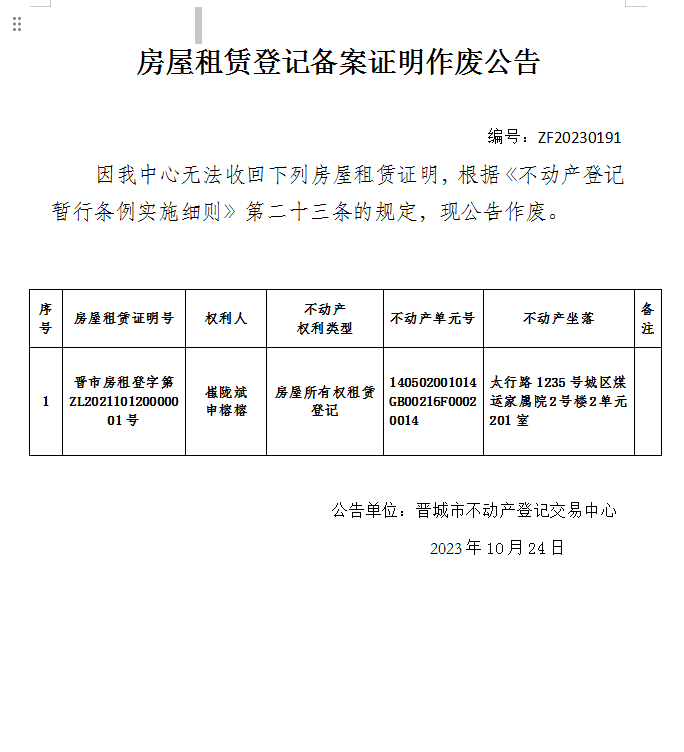 房屋租赁证明作废公告（九百二十一）20230191(图1)