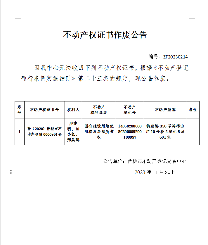 不动产权证书作废公告（九百四十四）20230214(图1)