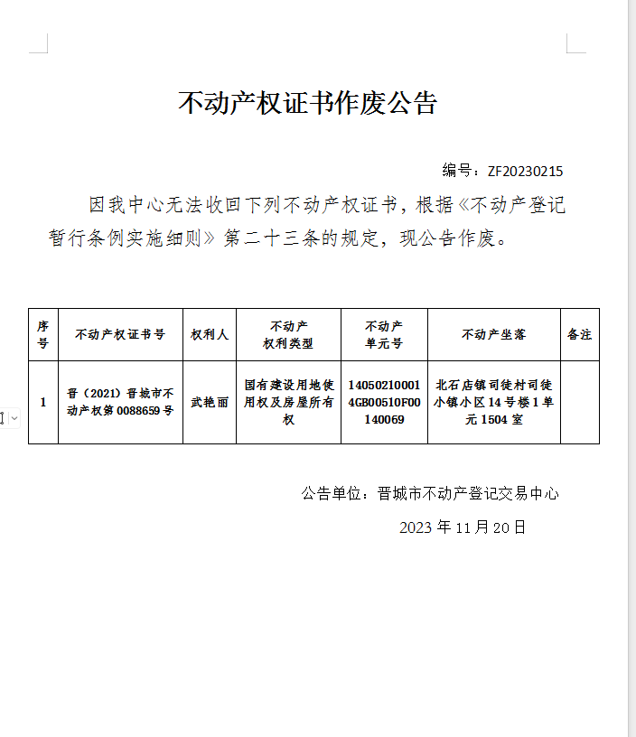 不动产权证书作废公告（九百四十五）20230215(图1)