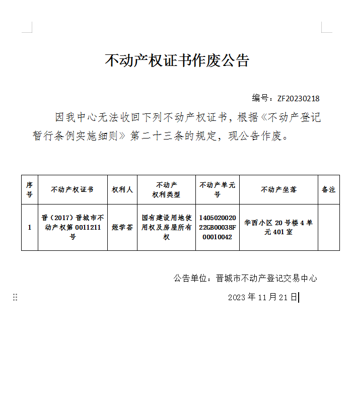 不动产权证书作废公告（九百四十八）20230218(图1)