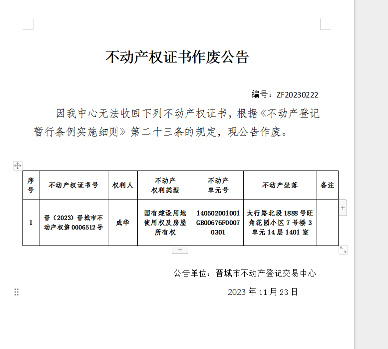 不动产权证书作废公告（九百五十二）20230222(图1)