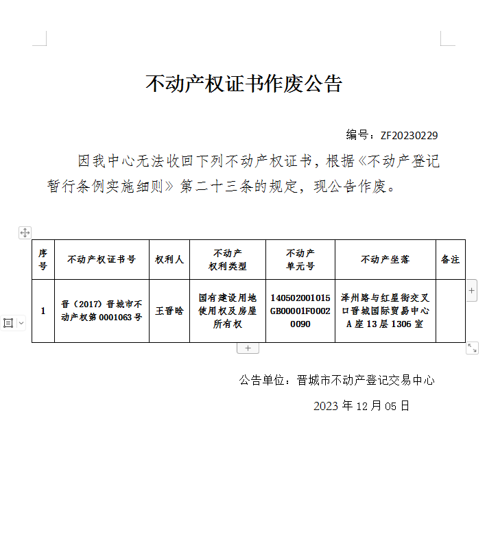 不动产权证书作废公告（五百九十九）20230229(图1)