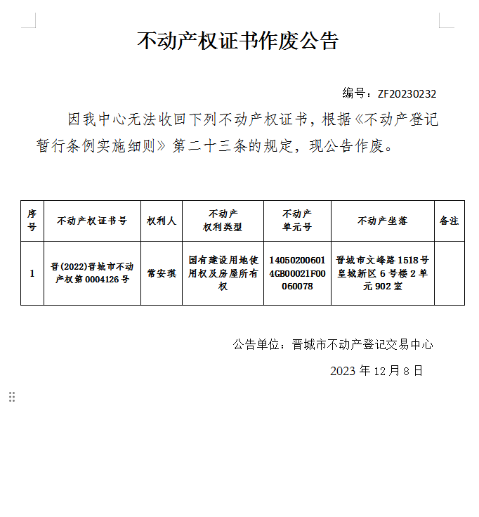 不动产权证书作废公告（六百零二）20230232(图1)