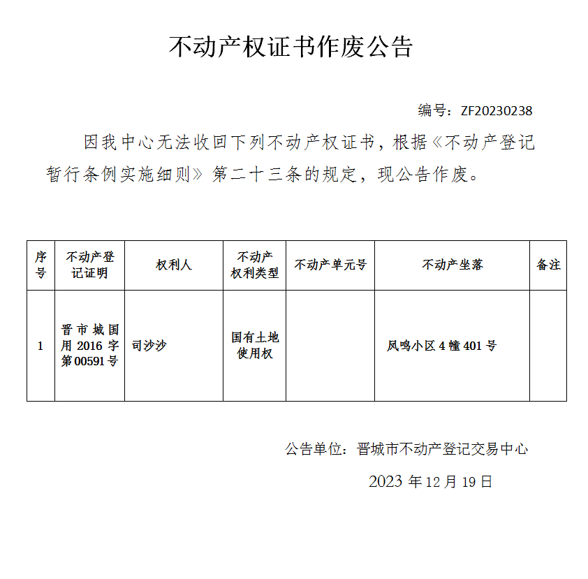 不动产权证书作废公告（六百零八）20230238(图1)