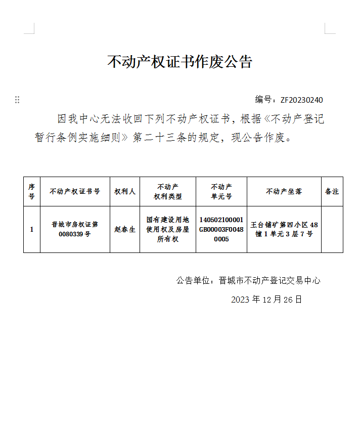 不动产权证书作废公告（六百一十）20230240(图1)