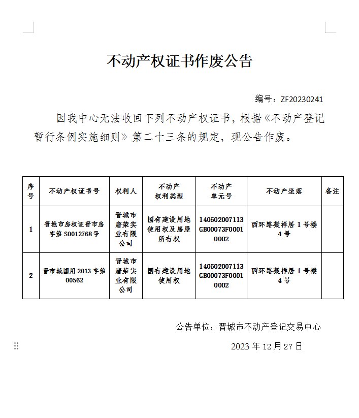 不动产权证书作废公告（六百一十一）20230241(图1)