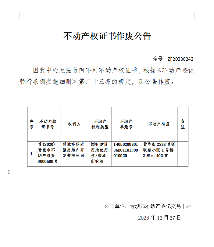 不动产权证书作废公告（六百一十二）20230242(图1)
