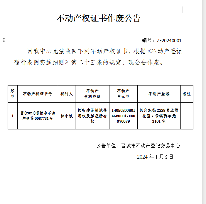 不动产权证书作废公告（六百一十五）20240001(图1)