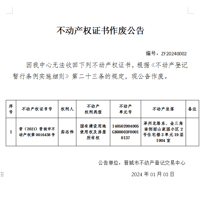 不动产权证书作废公告（六百一十六）20240002(图1)