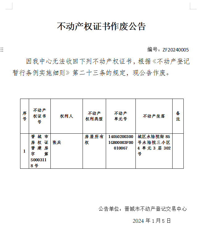 不动产权证书作废公告（六百一十八）20240005(图1)
