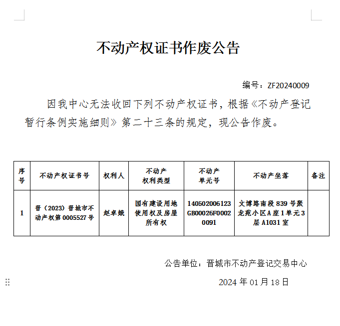 不动产权证书作废公告（六百二十二）20240009(图1)