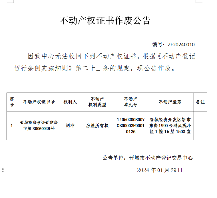 不动产权证书作废公告（六百二十三）20240010(图1)