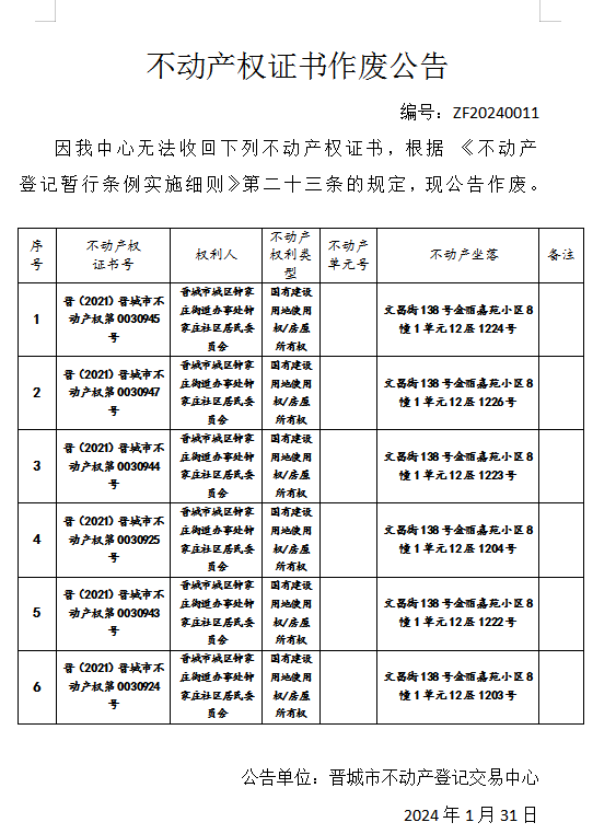 不动产权证书作废公告（六百二十四）20240011(图1)