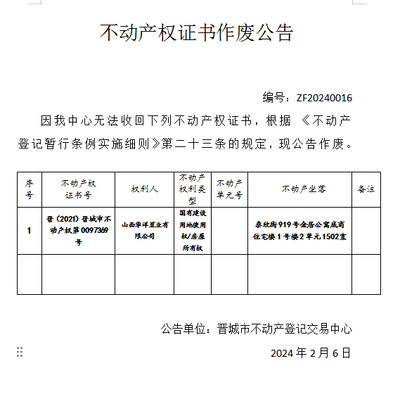 不动产权证书作废公告（六百二十九）20240016(图1)