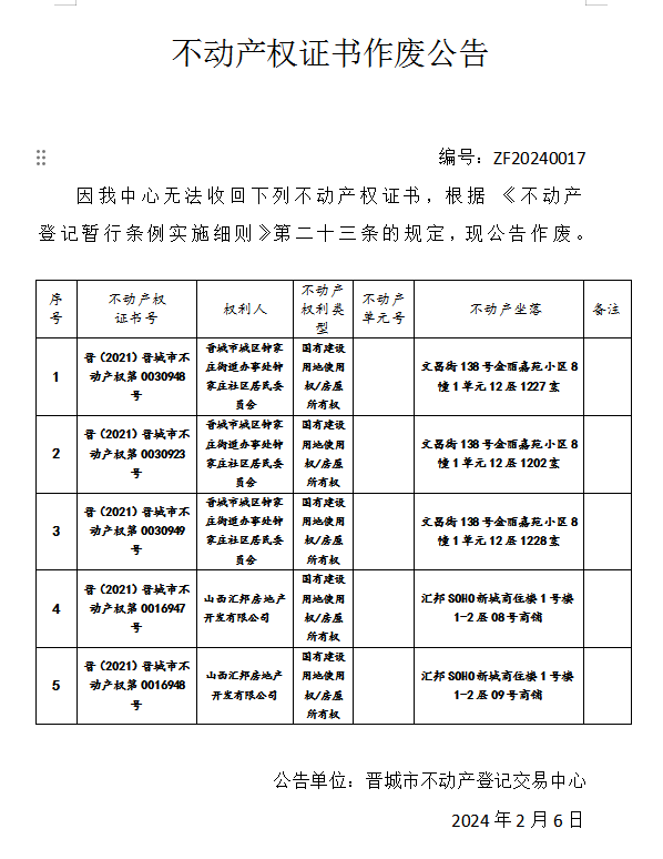 不动产权证书作废公告（六百三十）20240017(图1)
