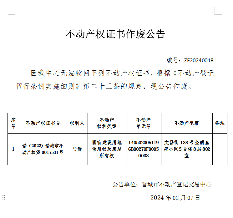 不动产权证书作废公告（六百三十一）20240018(图1)