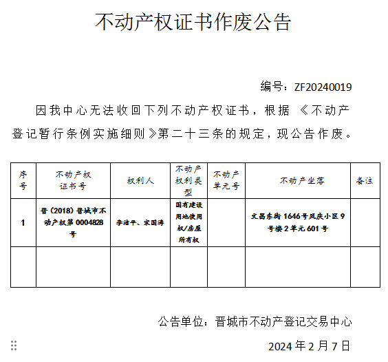 不动产权证书作废公告（六百三十二）20240019(图1)