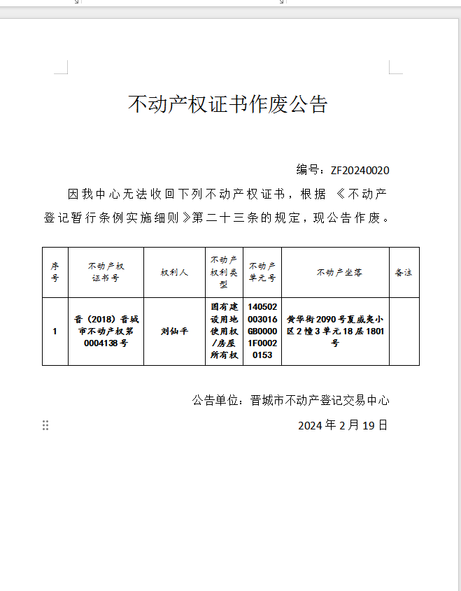 不动产权证书作废公告（六百三十三）20240020(图1)