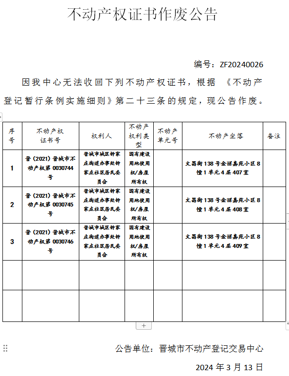 不动产权证书作废公告（六百三十九）20240026(图1)