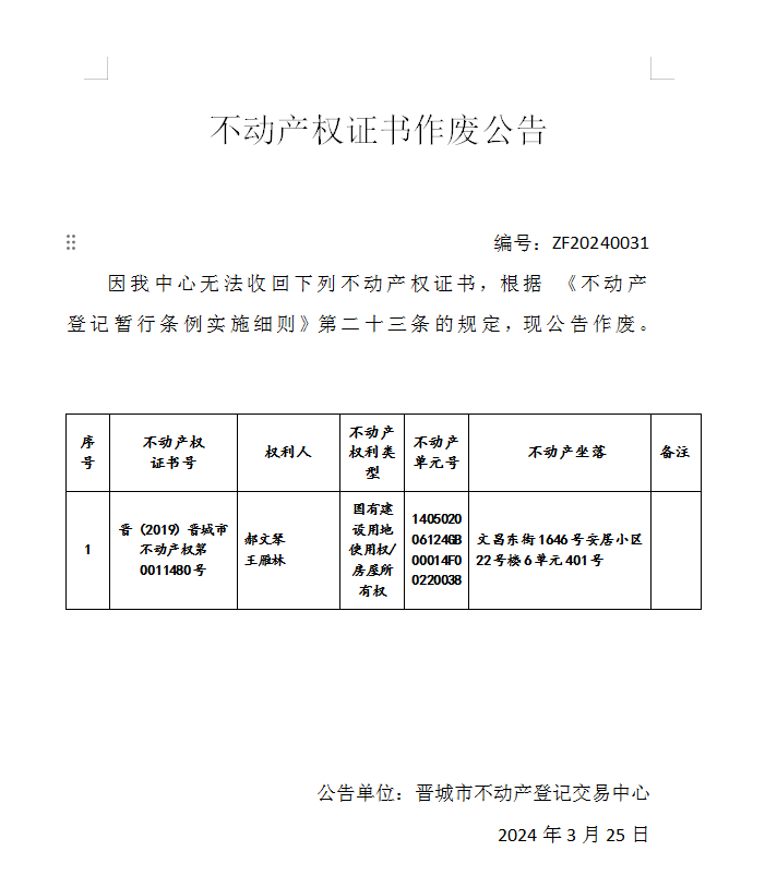 不动产权证书作废公告（六百四十四）20240031(图1)