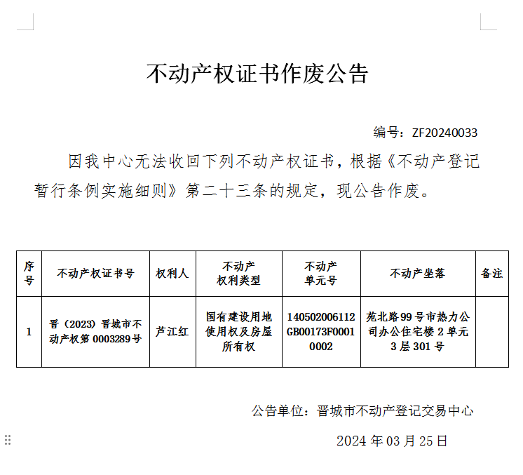 不动产权证书作废公告（六百四十六）20240033(图1)
