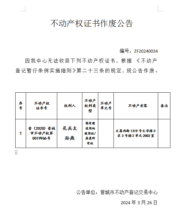 不动产权证书作废公告（六百四十七）20240034(图1)