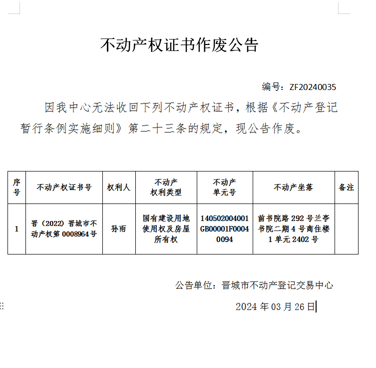 不动产权证书作废公告（六百四十八）20240035(图1)