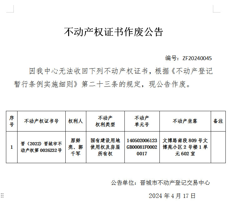 不动产权证书作废公告（六百五十八）20240045(图1)