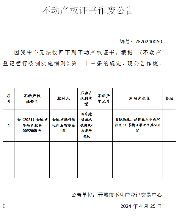 不动产权证书作废公告（六百六十三）20240050(图1)