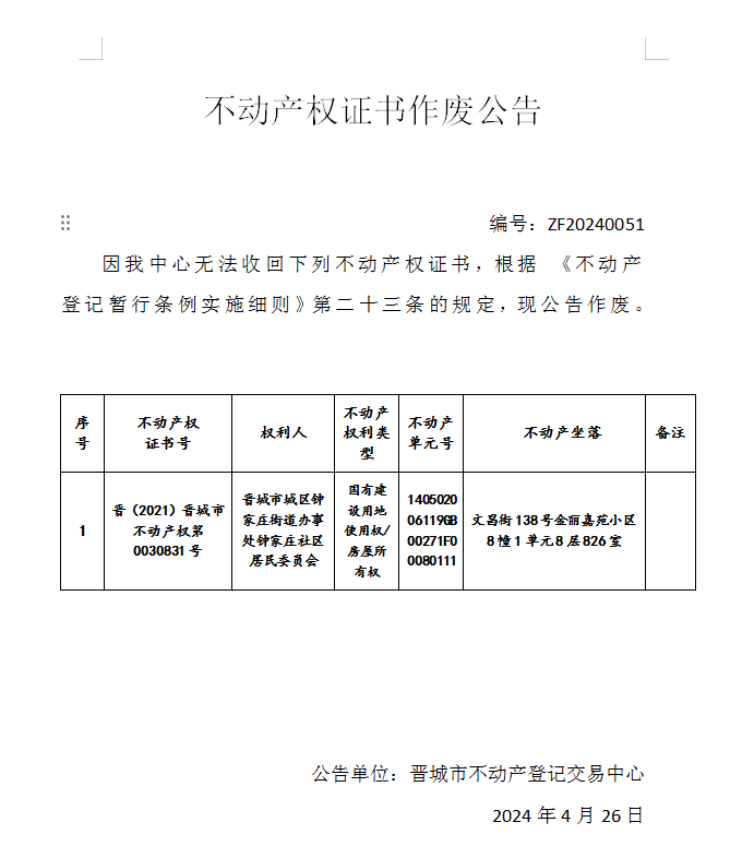 不动产权证书作废公告（六百六十四）20240051(图1)
